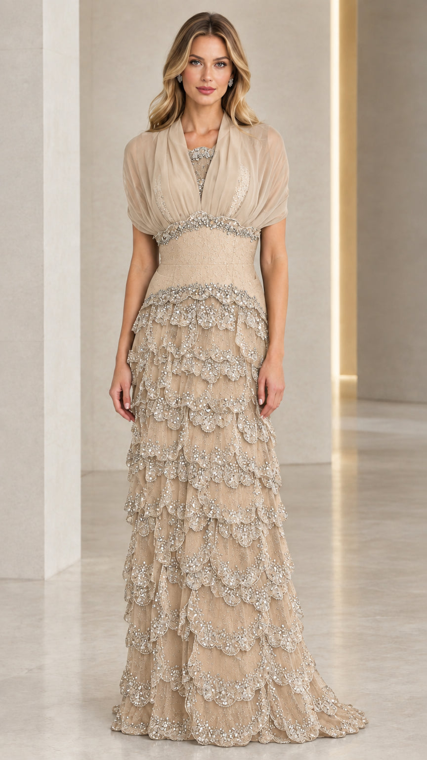Champagne tiered beaded formal maxi gown