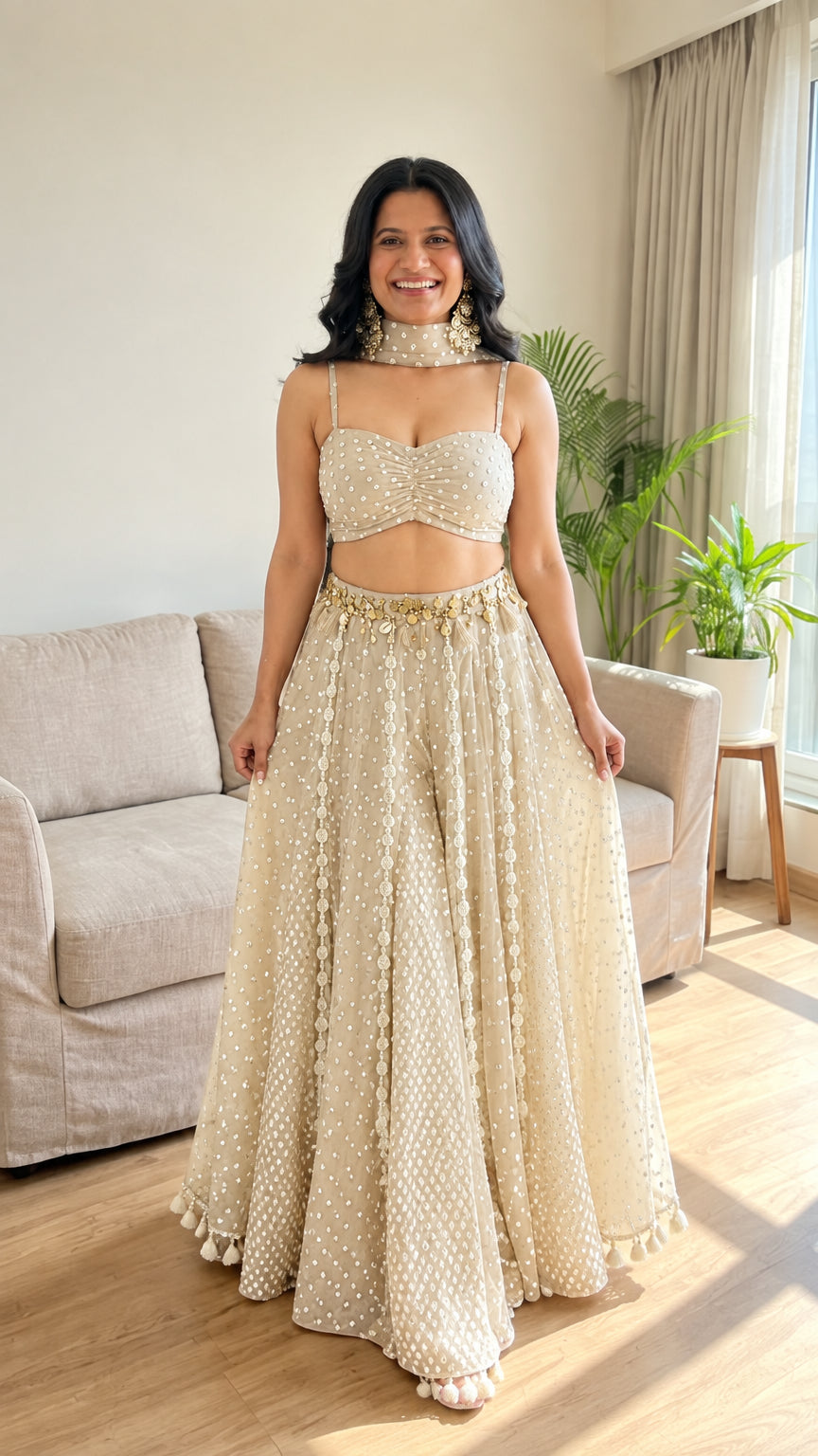 Champagne beige bandhani print sweetheart bustier lehenga set