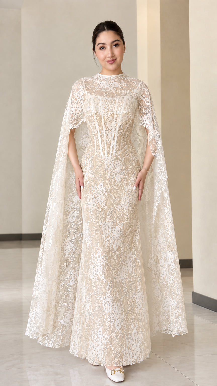 Champagne cream floral lace corset maxi dress with matching cape overlay