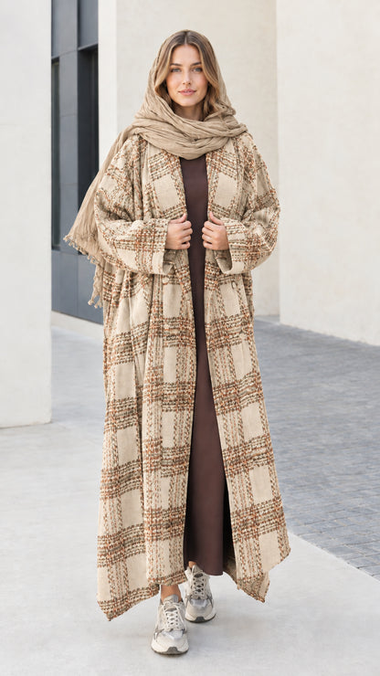 Full length view of beige cream plaid open front maxi coat