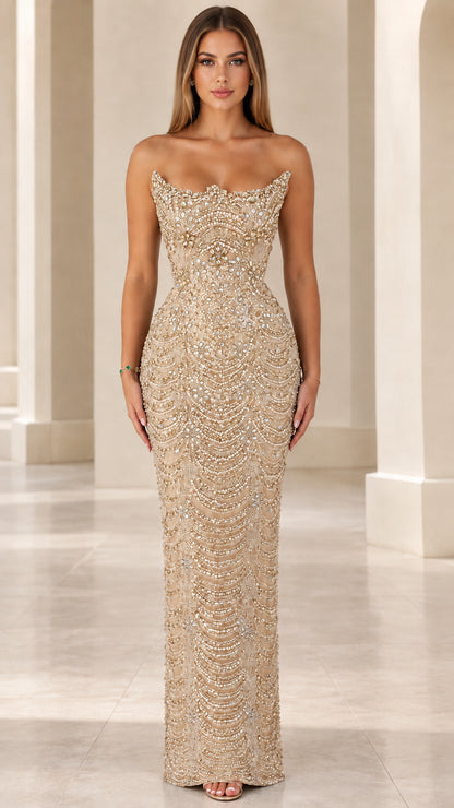 Champagne gold strapless beaded formal gown