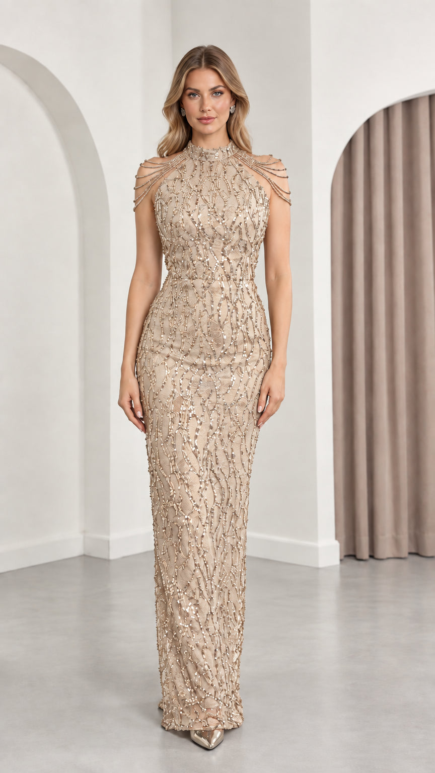 Champagne gold sequin formal maxi gown with beaded fringe shoulders