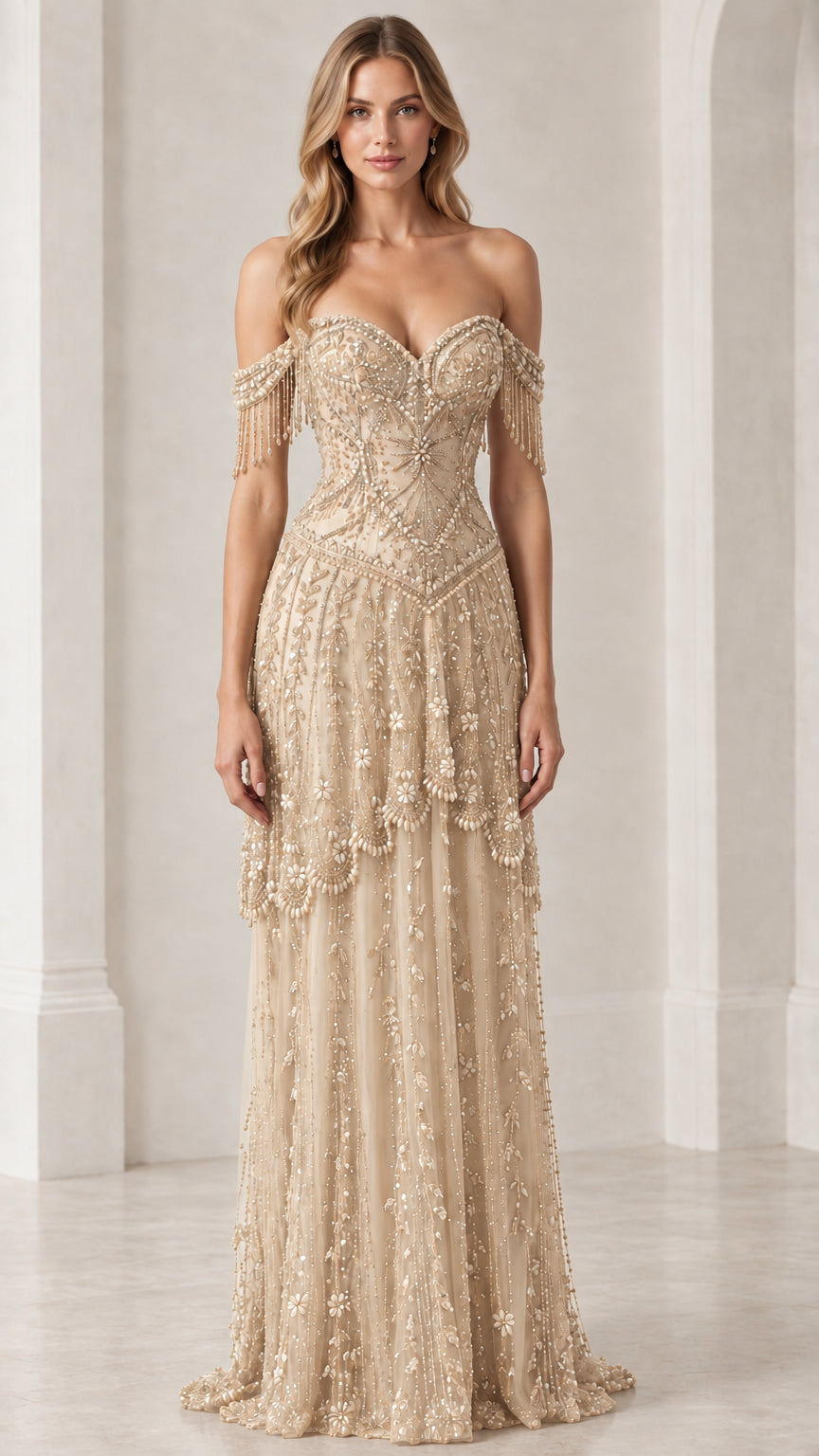 Front view of champagne gold off-shoulder beaded evening gown