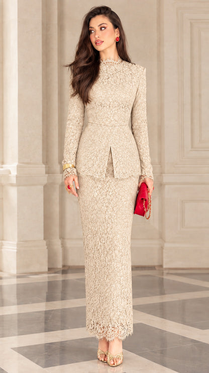 Model wearing champagne beige long sleeve floral lace peplum maxi dress set