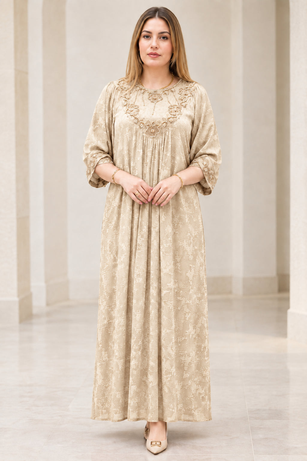 Full front view of Champagne beige embroidered pleated maxi dress