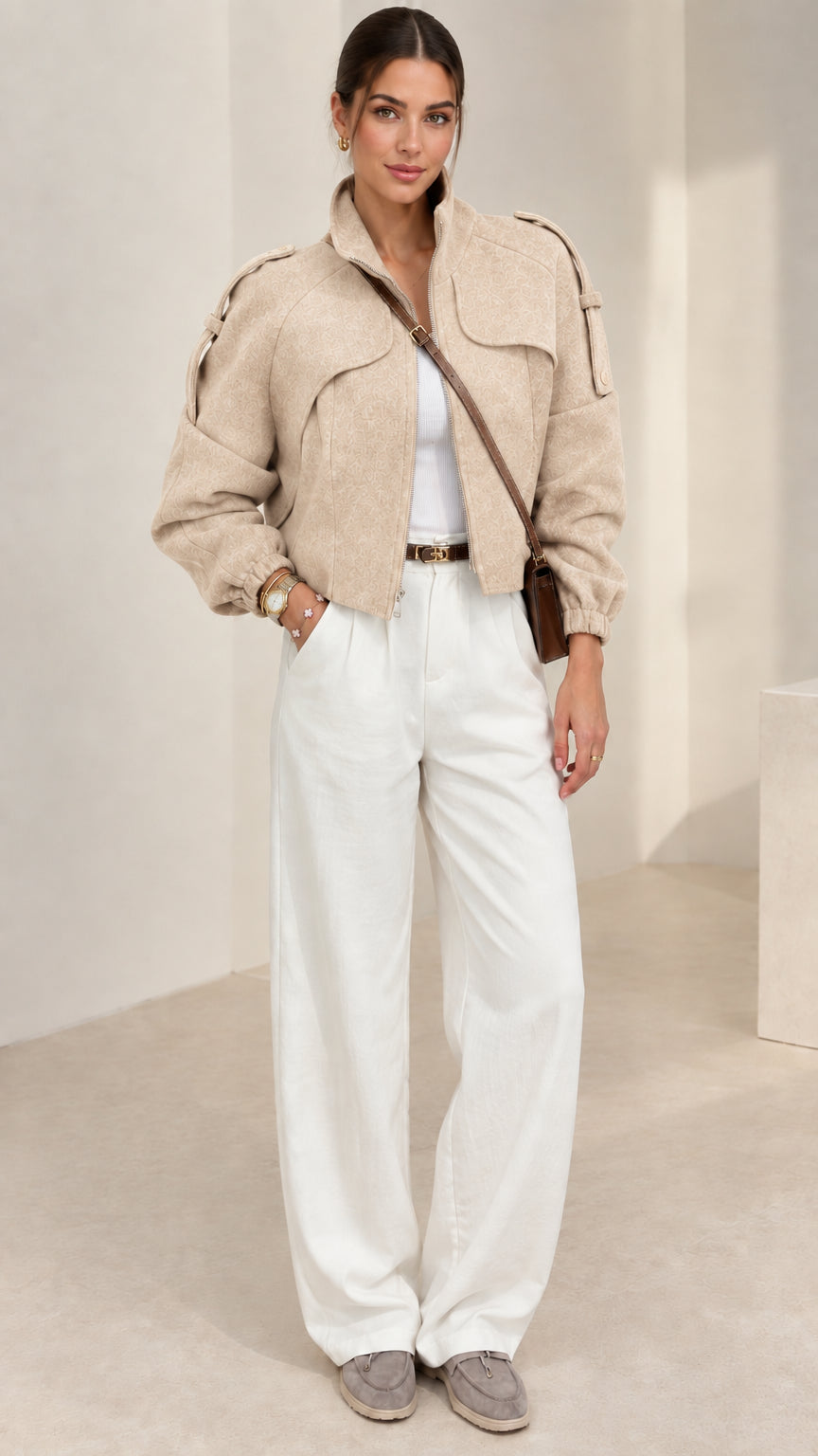 Beige cream cropped stand collar utility jacket styled with white wide-leg pants