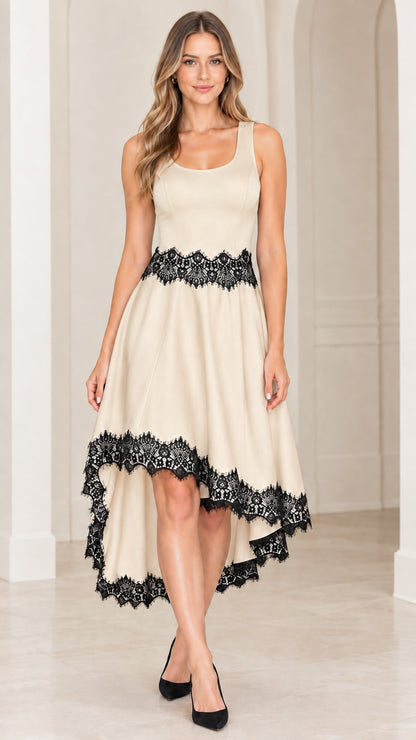 Front view of beige champagne sleeveless high-low dress with black lace trim