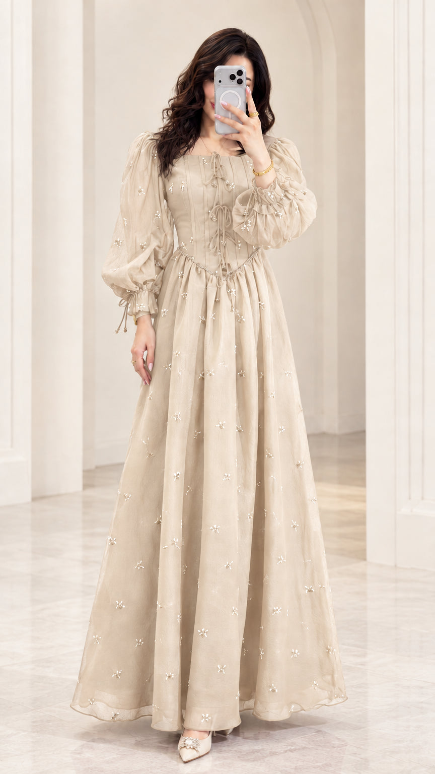 Front view of model wearing Champagne beige embroidered chiffon maxi dress
