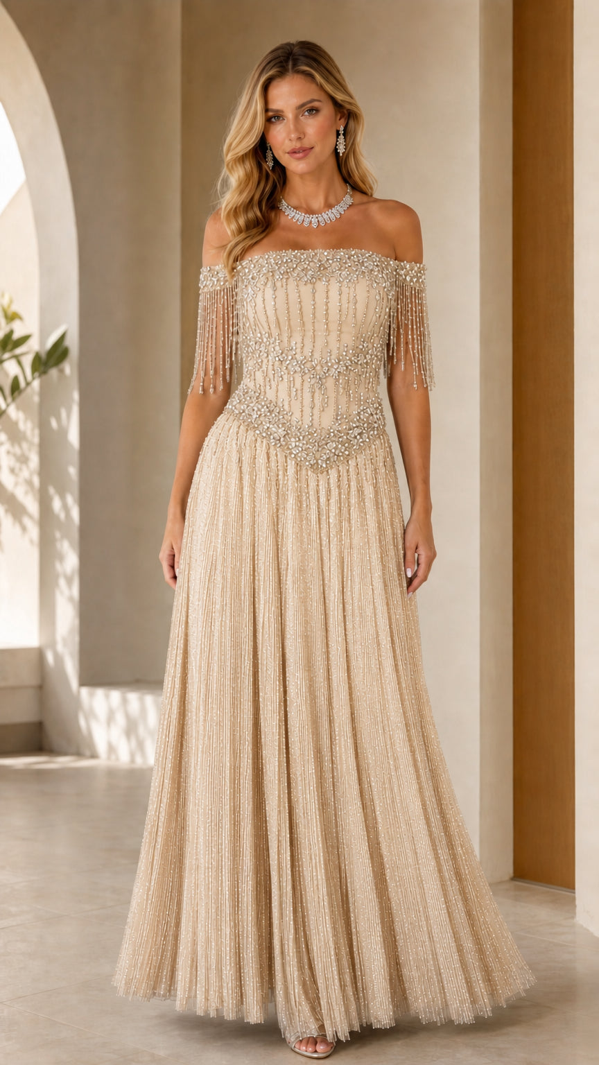 Champagne gold off-the-shoulder beaded formal evening gown