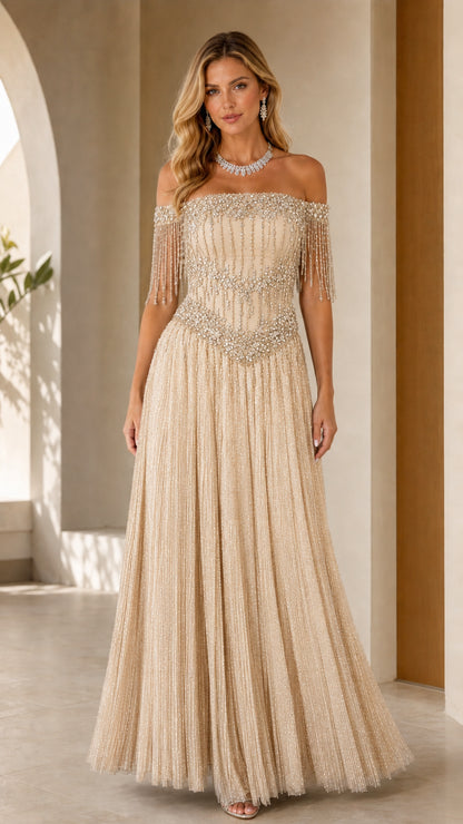 Champagne gold off-the-shoulder beaded formal evening gown