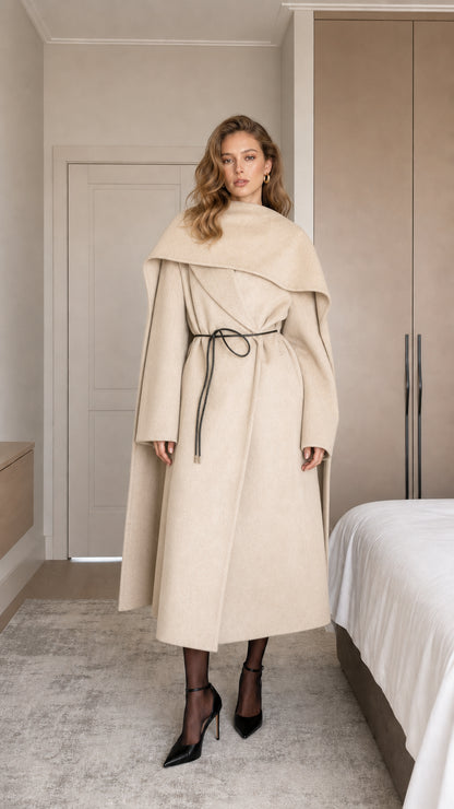 Model wearing cream beige draped cape collar maxi coat