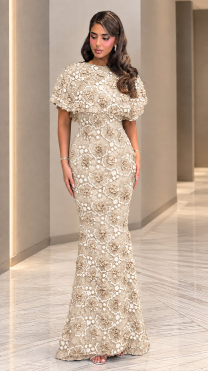 Full front view of champagne beige 3D floral embroidered mermaid gown
