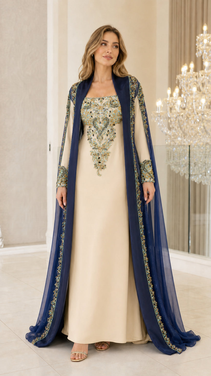 Model wearing Champagne beige embroidered evening gown with navy cape overlay
