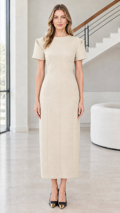 Front view of woman wearing Cream short sleeve column maxi dress