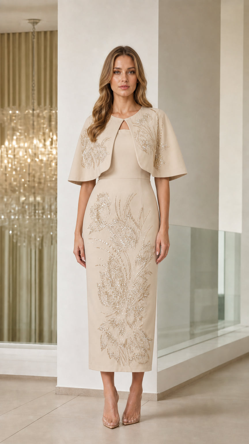 Champagne beige sequined capelet sheath formal dress