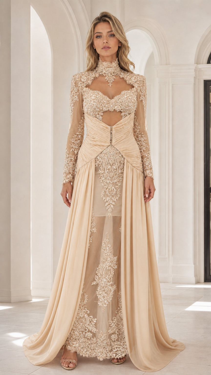 Front view of champagne gold embellished floor-length evening gown