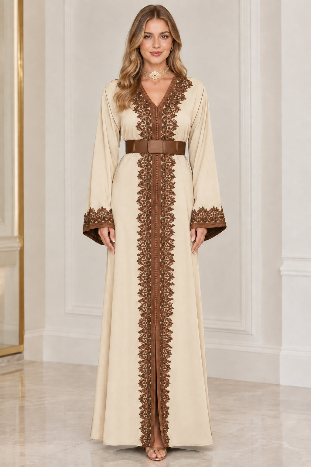 Beige cream embroidered belted caftan evening dress