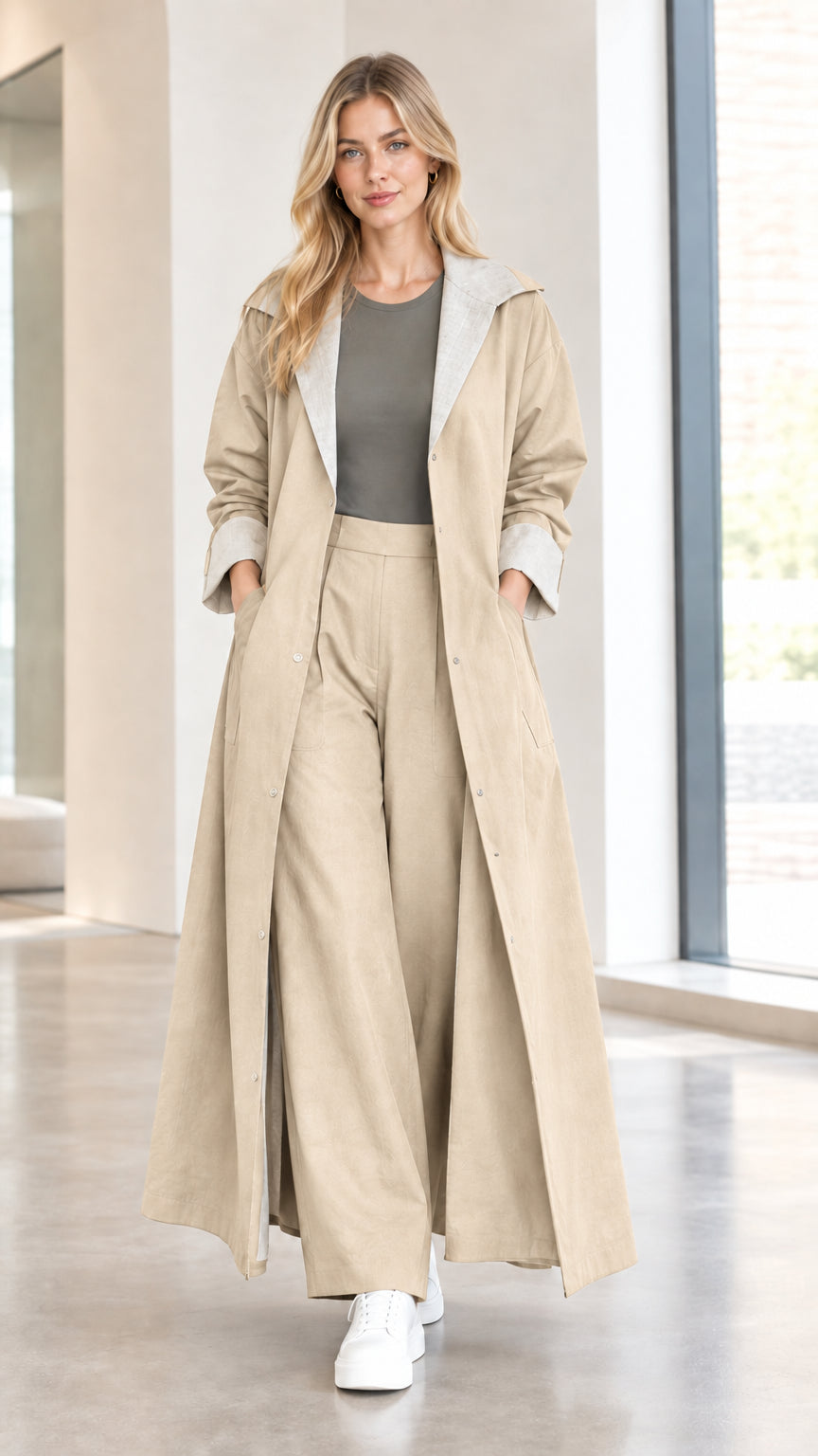 Model wearing beige khaki contrast collar maxi duster coat