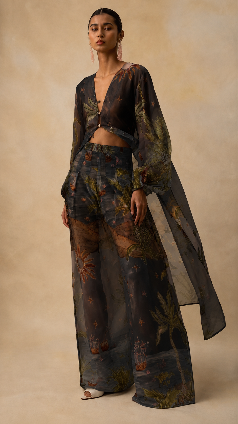 Front view of charcoal printed three-piece set with wide-leg pants and sheer drape