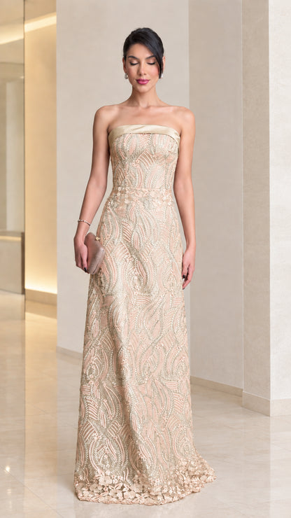 Champagne gold embroidered strapless column evening gown