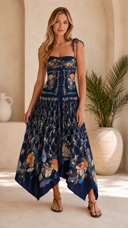 Front view of navy floral tie-shoulder handkerchief hem maxi dress