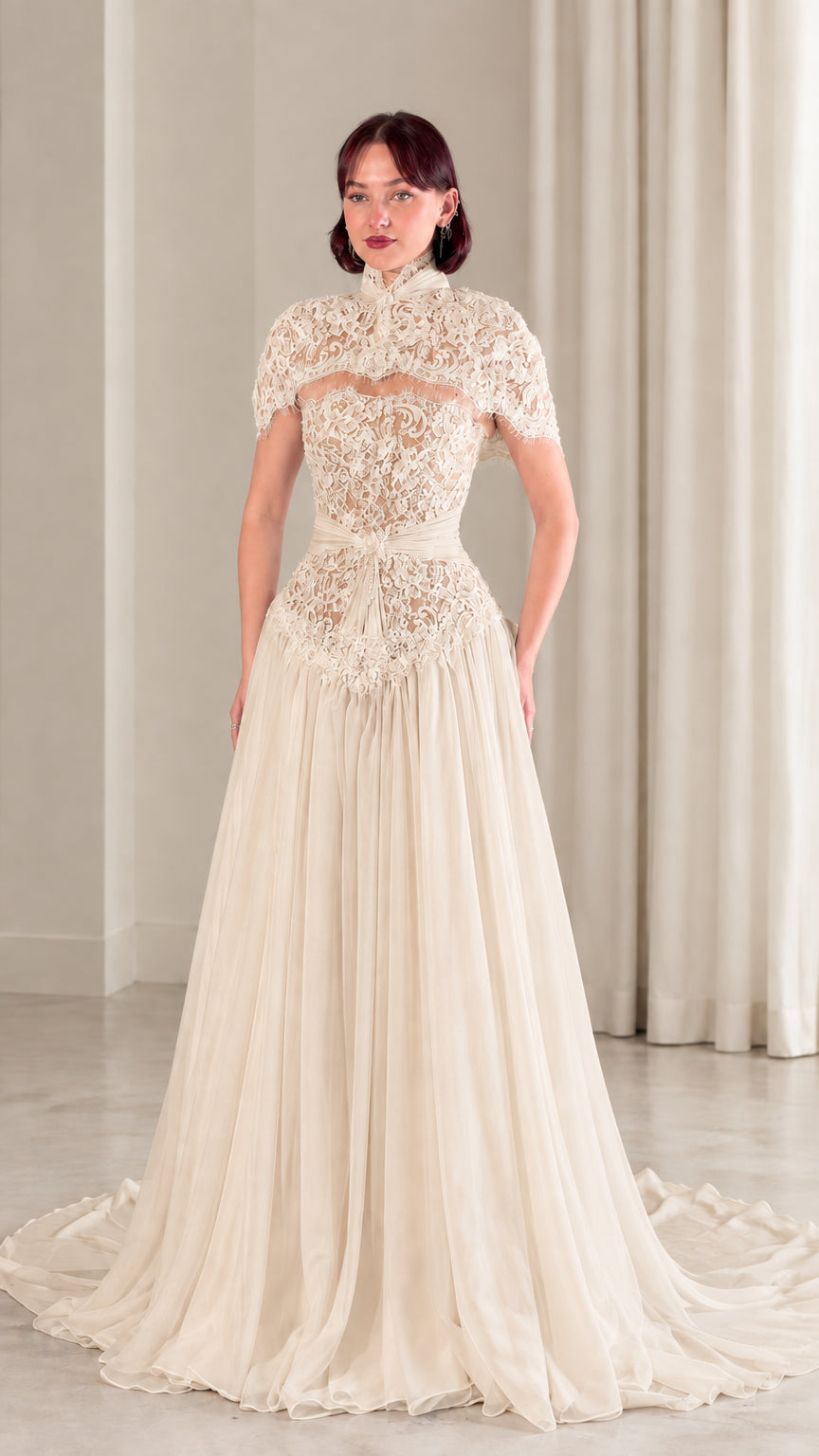 Champagne ivory high neck lace evening gown