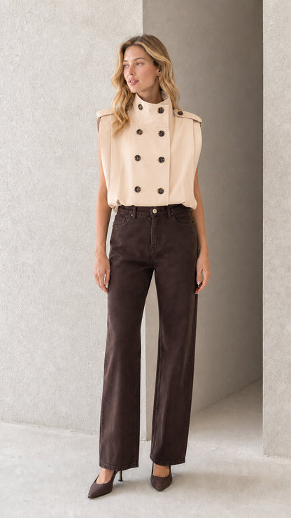 Model wearing cream beige sleeveless double-breasted military style top