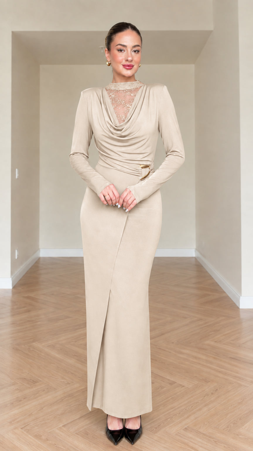 Beige long sleeve formal maxi dress with ruched waist and slit hem