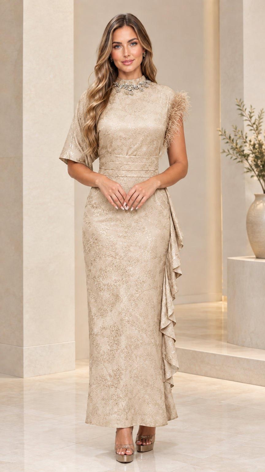 Front view of asymmetric sleeve embellished high neck jacquard maxi dress in champagne