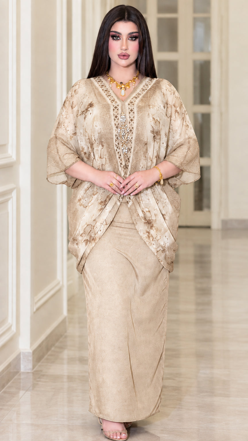 Model wearing champagne beige embellished chiffon kaftan maxi dress set