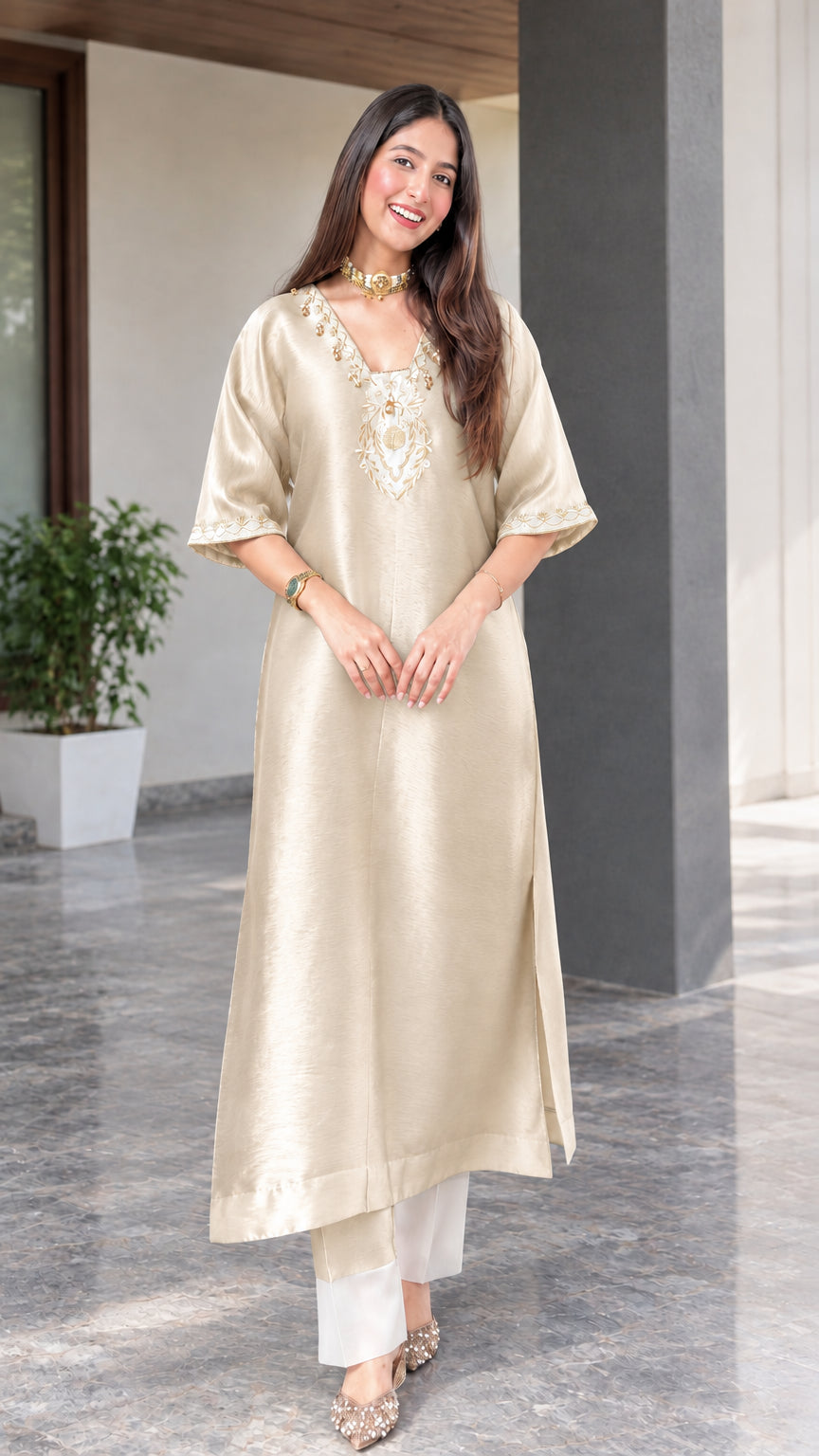 Front view of champagne gold embroidered silk blend tunic kurta