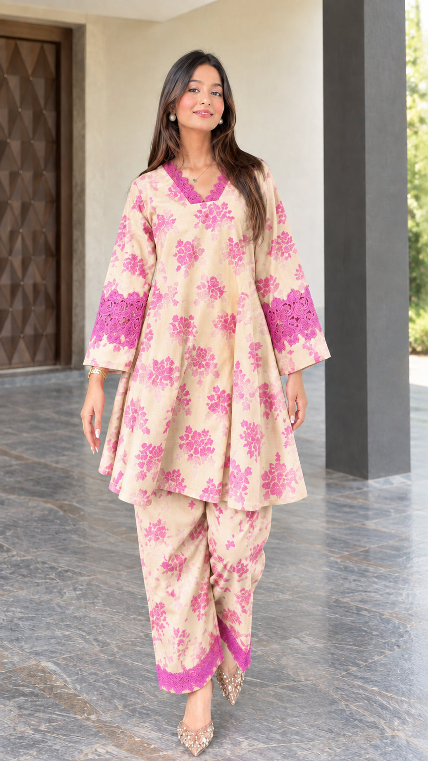 Front view of cream beige floral print two-piece tunic and pant set